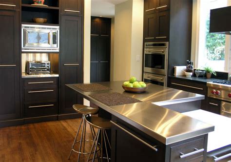 black kitchen cabinets with stainless steel countertops|black countertops kitchen ideas.